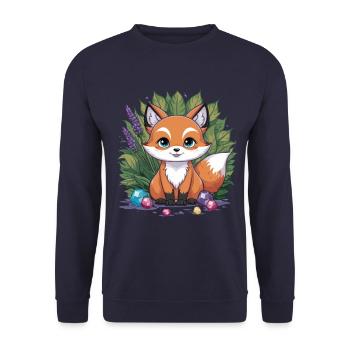 Kawaii Fuchs im Cartoon Stil mit bunten Steinen - Unisex Pullover - Navy - Vorne - Alina (178cm) & Michal (187cm)