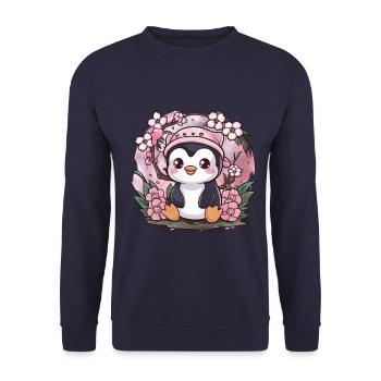 Cartoon Kawaii Pinguin mit Kirschen - Unisex Pullover - Navy - Vorne - Alina (178cm) & Michal (187cm)