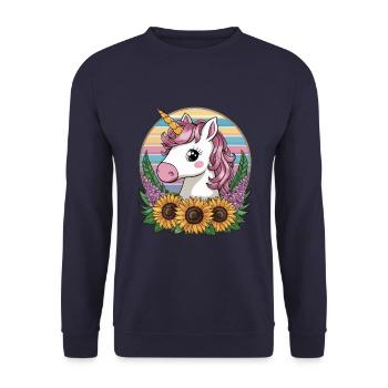 Kawaii Einhorn mit Sonnenblumen und Flieder - Unisex Pullover - Navy - Vorne - Alina (178cm) & Michal (187cm)