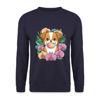Kawaii Cartoon Hund mit Pfirsich und Orchideen - Unisex Pullover - Navy - Vorne - Alina (178cm) & Michal (187cm)