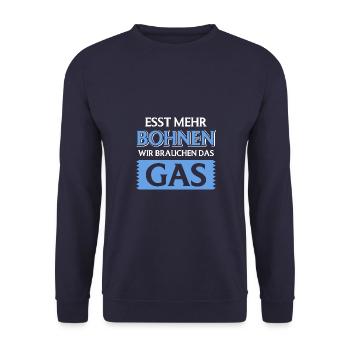 Esst Mehr Bohnen Wir Brauchen Das Gas - Unisex Pullover - Navy - Vorne - Alina (178cm) & Michal (187cm)