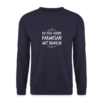 Parmesan mit Nudeln - Unisex Pullover - Navy - Vorne - Alina (178cm) & Michal (187cm)