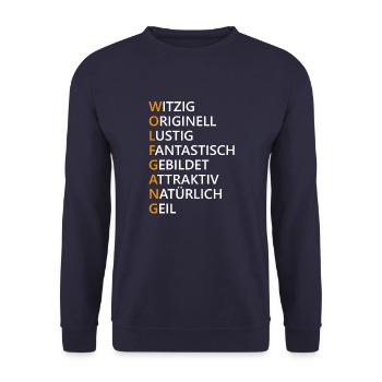 Wolfgang Name Geschenk - Unisex Pullover - Navy - Vorne - Alina (178cm) & Michal (187cm)