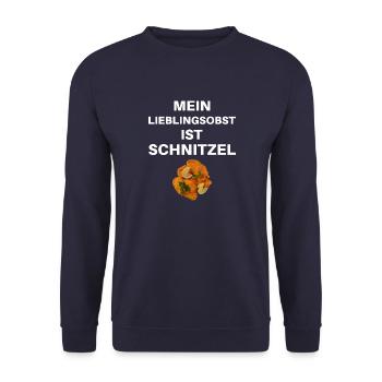 Mein Lieblingsobst ist der Schnitzel - Unisex Pullover - Navy - Vorne - Alina (178cm) & Michal (187cm)