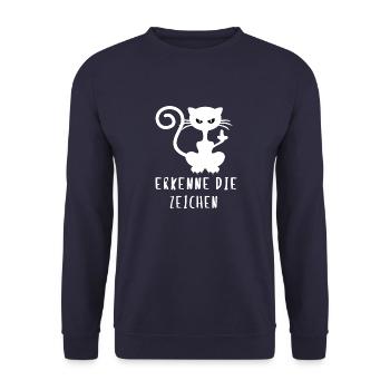 Erkenne die Zeichen - Katzen Design Mittelfinger - Unisex Pullover - Navy - Vorne - Alina (178cm) & Michal (187cm)