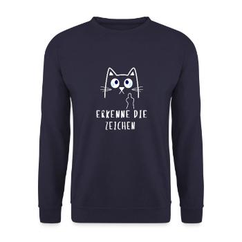 Erkenne die Zeichen - Katzen Design Mittelfinger - Unisex Pullover - Navy - Vorne - Alina (178cm) & Michal (187cm)