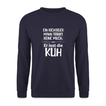 Ein Mann trinkt keine Milch, er isst die Kuh - Unisex Pullover - Navy - Vorne - Alina (178cm) & Michal (187cm)
