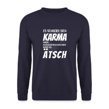 Es schreibt sich Karma aber spricht sich Ätsch - Unisex Pullover - Navy - Vorne - Alina (178cm) & Michal (187cm)