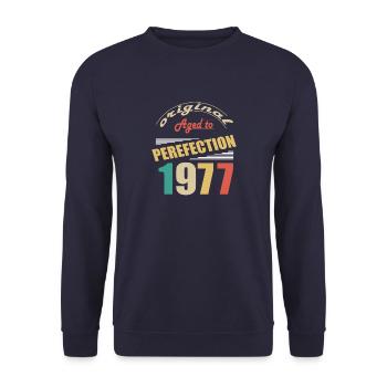 I'm 47 years old | I was born in 1977 - birth - Unisex Sweatshirt - navy - Front - Alina (178cm) & Michal (187cm)