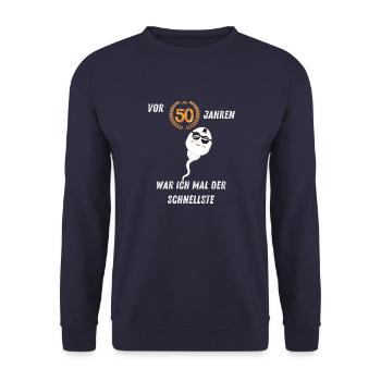 50. Geburtstag - Unisex Pullover - Navy - Vorne - Alina (178cm) & Michal (187cm)