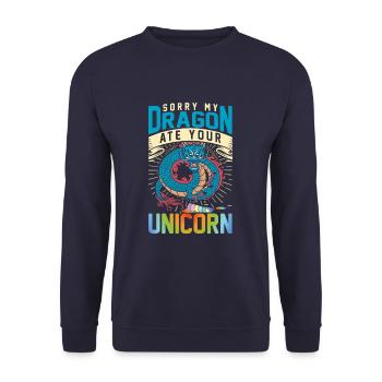 Sorry My Dragon Ate Your Unicorn Funny Fantasy - Unisex Pullover - Navy - Vorne - Alina (178cm) & Michal (187cm)