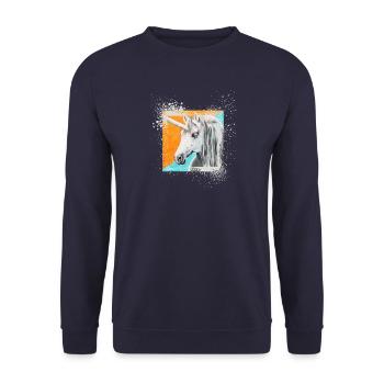 Einhorn Hengst Mietron - Sonja Ariel von Staden - Unisex Pullover - Navy - Vorne - Alina (178cm) & Michal (187cm)
