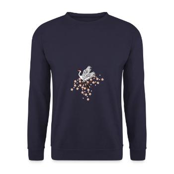 Kranich und Kirschblüte Japan Stickerei Geschenk - Unisex Pullover - Navy - Vorne - Alina (178cm) & Michal (187cm)