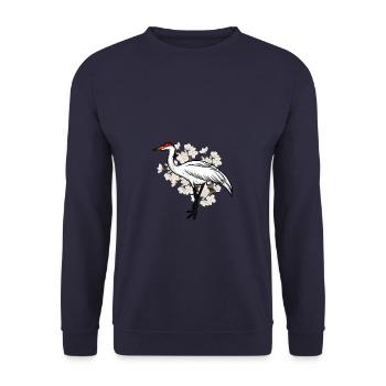 Kranich und Kirschblüte Japan Stickerei Geschenk - Unisex Pullover - Navy - Vorne - Alina (178cm) & Michal (187cm)