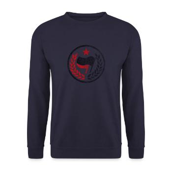 MEDALLIE KREIS ANTIFA FLAGGEN ROT STERN - Unisex Pullover - Navy - Vorne - Alina (178cm) & Michal (187cm)