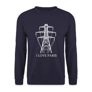 Strommast als Eiffelturm "I Love Paris" Satire - Unisex Pullover - Navy - Vorne - Alina (178cm) & Michal (187cm)