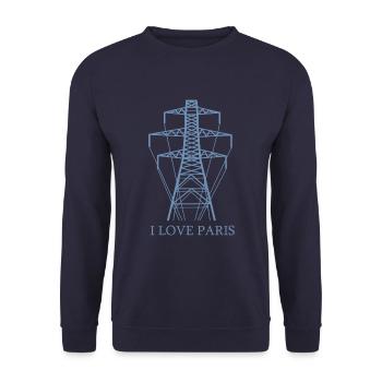 Strommast als Eiffelturm "I Love Paris" Satire - Unisex Pullover - Navy - Vorne - Alina (178cm) & Michal (187cm)
