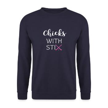 Küken mit Stöcken Feldhockeygeschenk - Unisex Pullover - Navy - Vorne - Alina (178cm) & Michal (187cm)