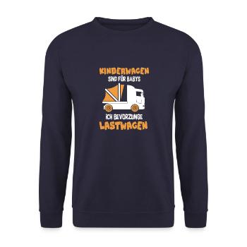 Lastwagen LKW Kinder Geschenk Shirt · Kinderwagen - Unisex Pullover - Navy - Vorne - Alina (178cm) & Michal (187cm)