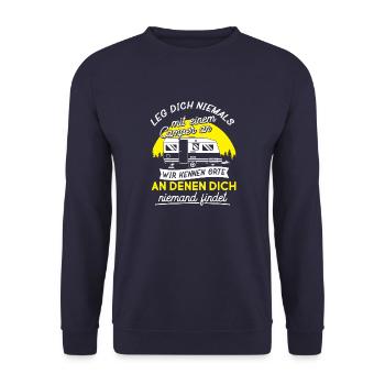 Leg dich niemals mit einem Camper an - Camping - Unisex Pullover - Navy - Vorne - Alina (178cm) & Michal (187cm)