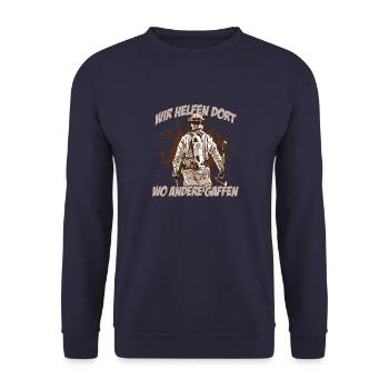 WIR HELFEN DORT WO ANDERE GAFFEN I Feuerwehrmann - Unisex Pullover - Navy - Vorne - Alina (178cm) & Michal (187cm)