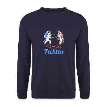 Coole Mädchen Fechten Einhorn Fechtkampf Fechter - Unisex Pullover - Navy - Vorne - Alina (178cm) & Michal (187cm)