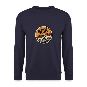 moin vintage Hamburg Begrüßung Moinsen Dialekt - Unisex Pullover - Navy - Vorne - Alina (178cm) & Michal (187cm)