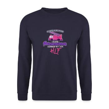 Prinzessin kommt mit HLF - Feuerwehr Frau - Unisex Pullover - Navy - Vorne - Alina (178cm) & Michal (187cm)