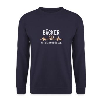 bäcker mit leib und seele Herzschlag Brezel Brezen - Unisex Pullover - Navy - Vorne - Alina (178cm) & Michal (187cm)