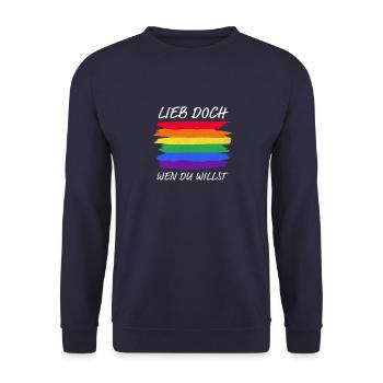 Lieb doch wen du willst LGBTQ+ Regenbogen - Unisex Pullover - Navy - Vorne - Alina (178cm) & Michal (187cm)