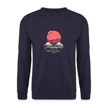 Japanischer Flamingo mit roter Sonne und Blumen - Unisex Pullover - Navy - Vorne - Alina (178cm) & Michal (187cm)