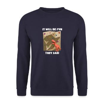 Boulder Trex - T-shirt drôle d'escalade de dinosaure - Sweat-shirt Unisexe - marine - Devant - Alina (178cm) & Michal (187cm)