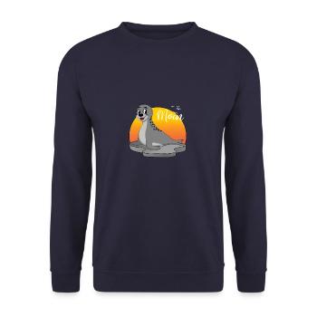 Moin Seehund Robbe für Plattdeutschliebhaber - Unisex Pullover - Navy - Vorne - Alina (178cm) & Michal (187cm)