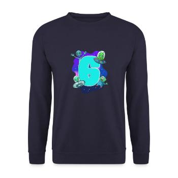 6th child's birthday - alien and Ufo - Unisex Sweatshirt - navy - Front - Alina (178cm) & Michal (187cm)