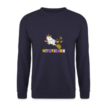 Hexen Einhorn am fliegen auf einem Besen - Unisex Pullover - Navy - Vorne - Alina (178cm) & Michal (187cm)