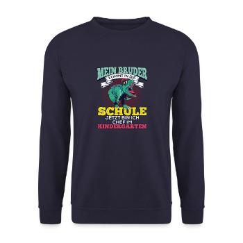 Einschulung Geschwister Geschenk Bruder Dino T-Rex - Unisex Pullover - Navy - Vorne - Alina (178cm) & Michal (187cm)