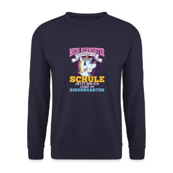 Einschulung Geschwister Geschenk Schwester Einhorn - Unisex Pullover - Navy - Vorne - Alina (178cm) & Michal (187cm)