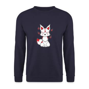 Japanischer Fuchs Kitsune Kami Inari Kawaii Maske - Unisex Pullover - Navy - Vorne - Alina (178cm) & Michal (187cm)