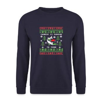 Weihnachten Ugly Angeln Zander is Coming - Unisex Pullover - Navy - Vorne - Alina (178cm) & Michal (187cm)
