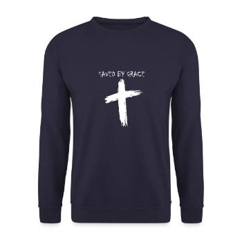 Design chrétien - saved by grace - Croix - Sweat-shirt Unisexe - marine - Devant - Alina (178cm) & Michal (187cm)