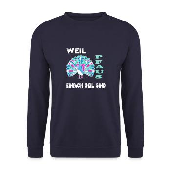 Pfau Pfaus Pfauen - Unisex Pullover - Navy - Vorne - Alina (178cm) & Michal (187cm)