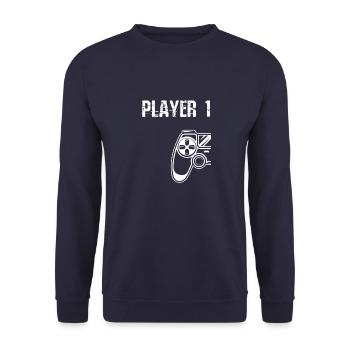Player 1 2 Gaming Gamer Zocken Controller Geschenk - Unisex Pullover - Navy - Vorne - Alina (178cm) & Michal (187cm)