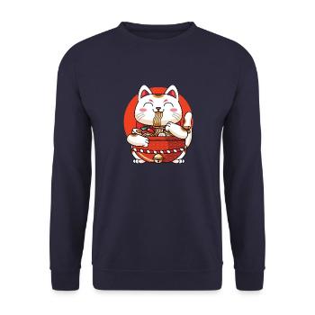 Ramen Maneki Neko Katze - Unisex Pullover - Navy - Vorne - Alina (178cm) & Michal (187cm)