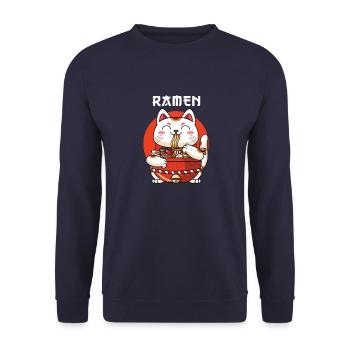 Ramen Maneki Neko Katze - Unisex Pullover - Navy - Vorne - Alina (178cm) & Michal (187cm)