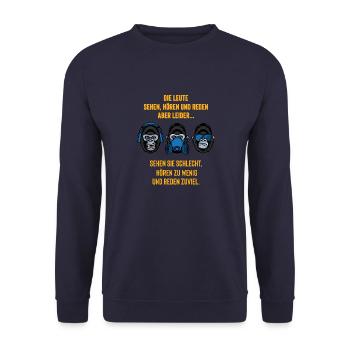 3 weise Affen, sehen hören reden Geschenk - Unisex Pullover - Navy - Vorne - Alina (178cm) & Michal (187cm)