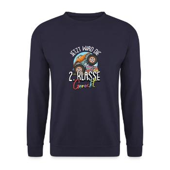 2. Klasse Junge Monster Truck Auto Geschenk - Unisex Pullover - Navy - Vorne - Alina (178cm) & Michal (187cm)