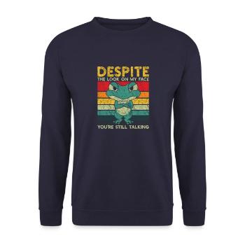 Trotz Blick auf mein immer noch sprechendes Sarkas - Unisex Pullover - Navy - Vorne - Alina (178cm) & Michal (187cm)
