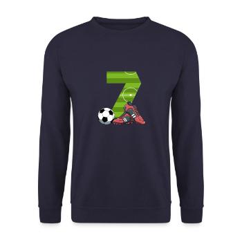 Siebter Geburtstag Fußball 7 Jahre alter Junge - Unisex Pullover - Navy - Vorne - Alina (178cm) & Michal (187cm)