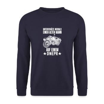 Unterschätze niemals Dnepr Beiwagen Motorrad - Unisex Pullover - Navy - Vorne - Alina (178cm) & Michal (187cm)