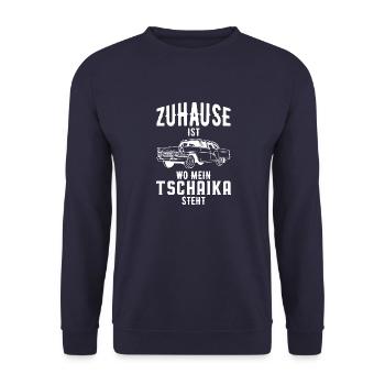 Zuhause ist wo mein GAZ 13 steht Tschaika Russland - Unisex Pullover - Navy - Vorne - Alina (178cm) & Michal (187cm)